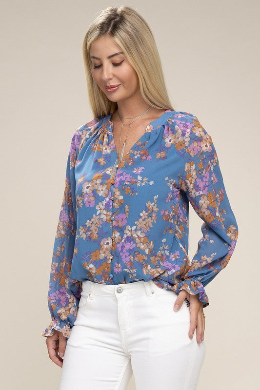 Floral Long-Sleeved Chiffon Blouse - steven wick