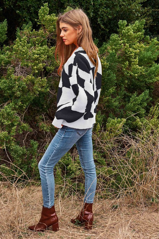 Multi Geo Checker Pullover Knit Sweater Top - steven wick