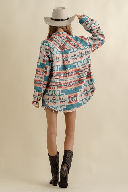 Long-sleeved Frayed Aztec Western Shacket - steven wick