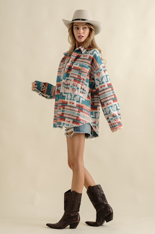 Long-sleeved Frayed Aztec Western Shacket - steven wick