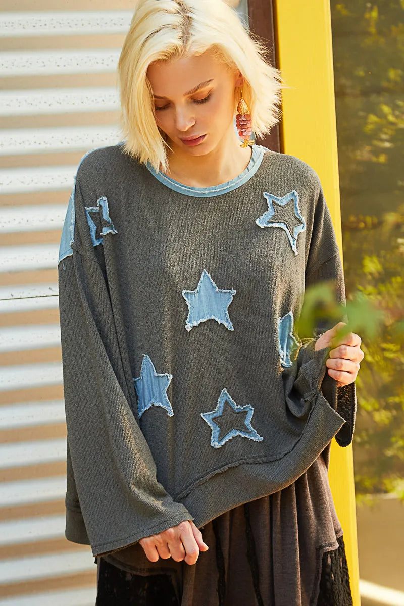 Exposed Seam Relaxed Fit Sweater with Star Denim Patch - steven wick