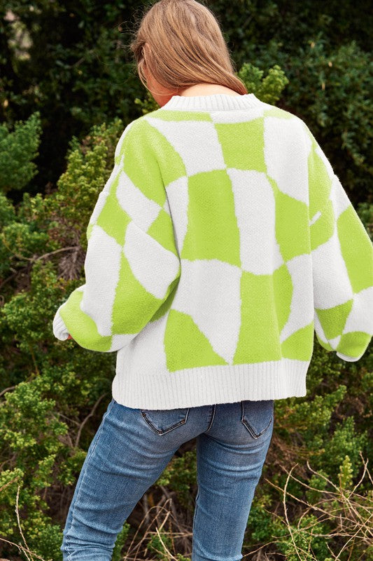 Multi Geo Checker Pullover Knit Sweater Top - steven wick