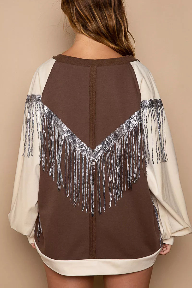 Balloon Sleeve French Terry Sweatshirt with Sequin Tassel - steven wick