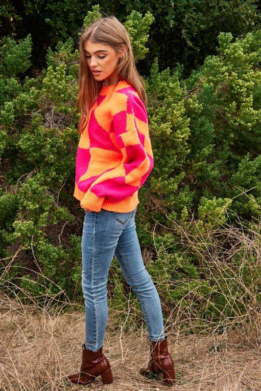 Multi Geo Checker Pullover Knit Sweater Top - steven wick