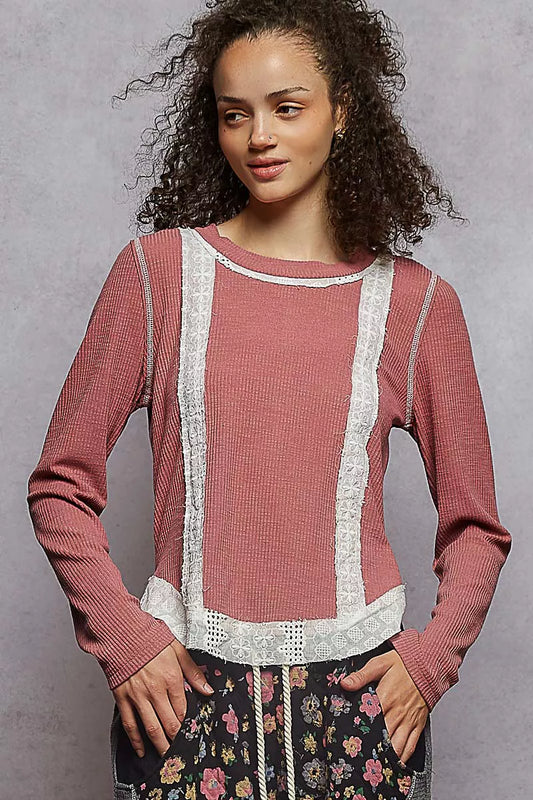 Contrast Round Neck Long Sleeve Ribbed Top with Eyelet Patch - steven wick