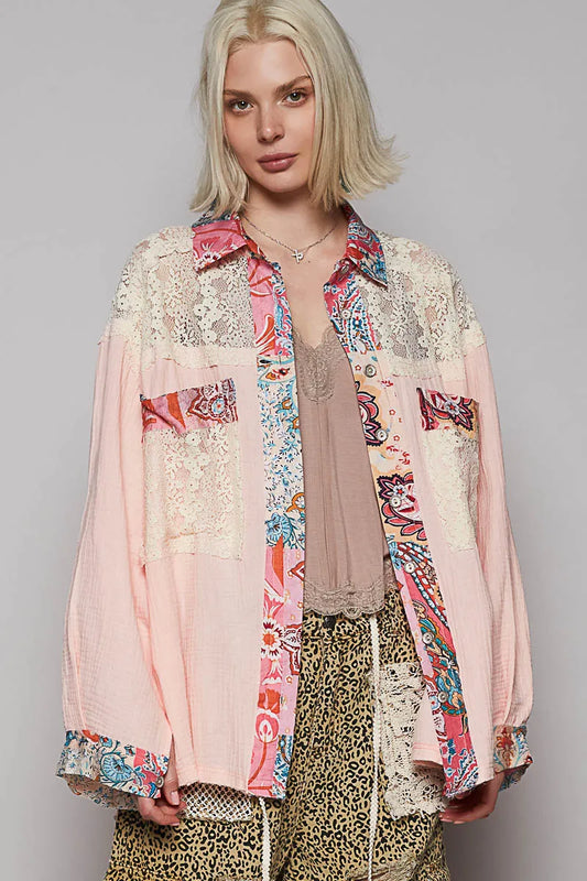 POL Lace Patchwork Floral Trim Long Sleeve Shirt - steven wick