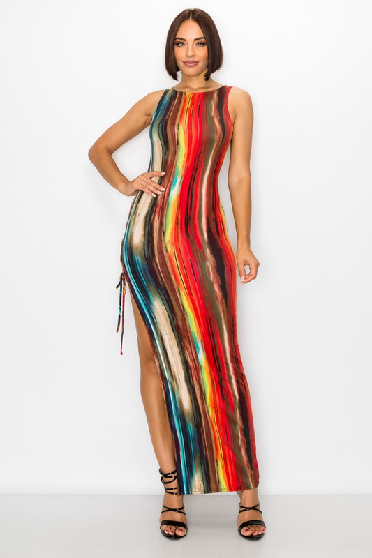 Painted Print Sleeveless Bodycon Maxi Dress with Side Slit - steven wick