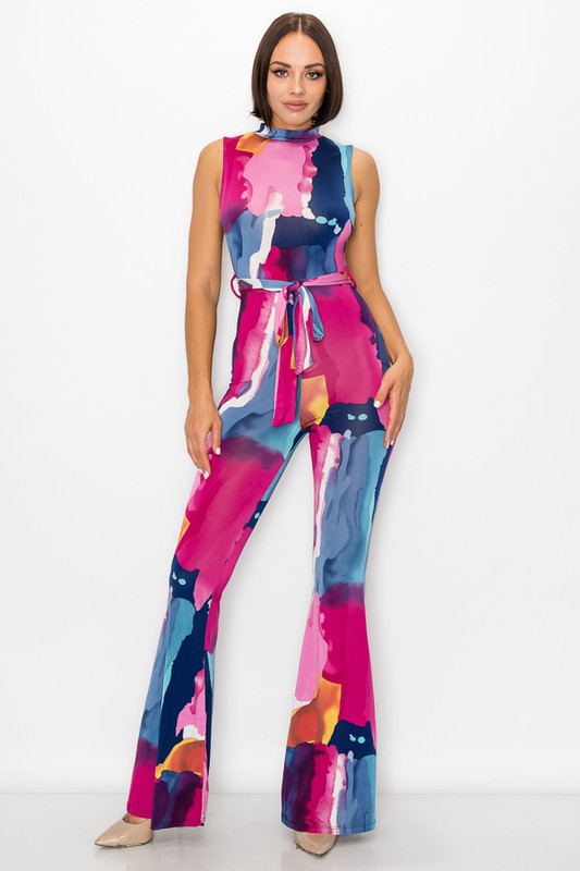 Painted Bell Bottom Jumpsuit with Open Back & Front Tie Waist - steven wick