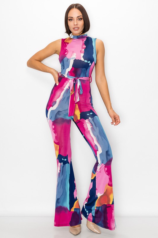 Painted Bell Bottom Jumpsuit with Open Back &amp; Front Tie Waist - steven wick