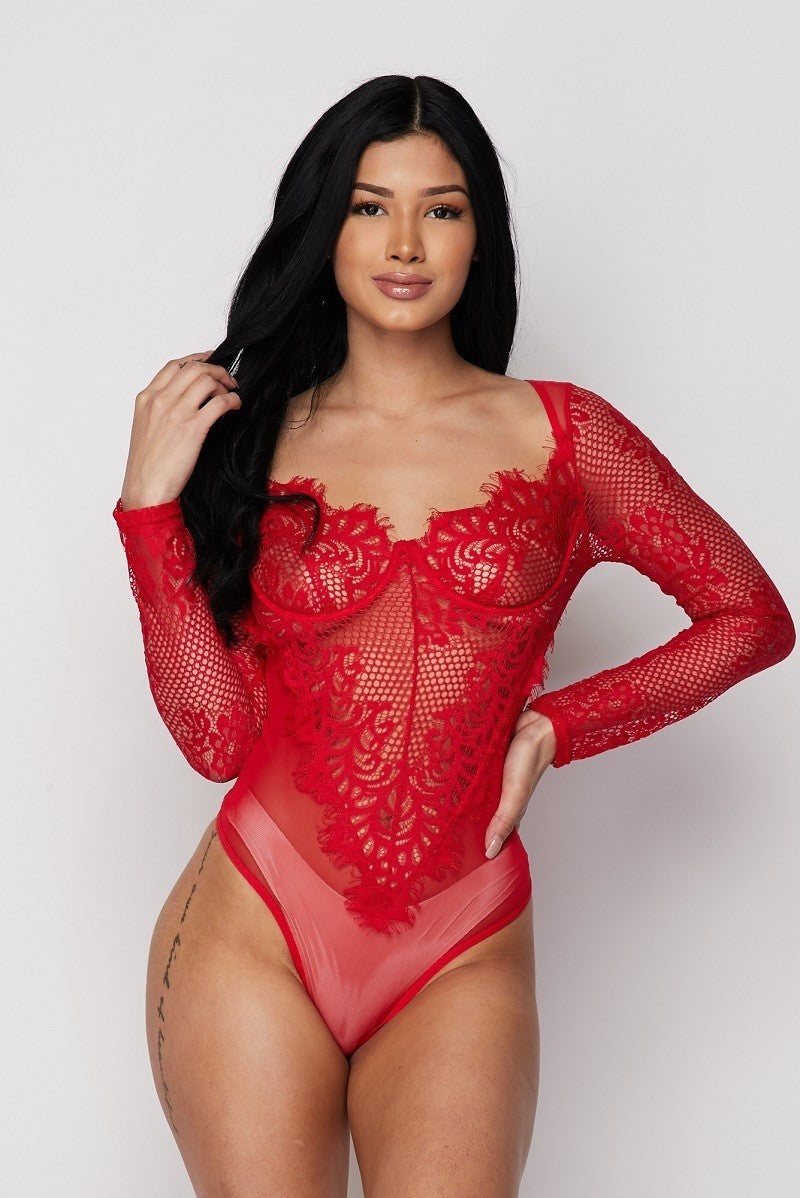 Red Sheer Lace Bustier Bodysuit