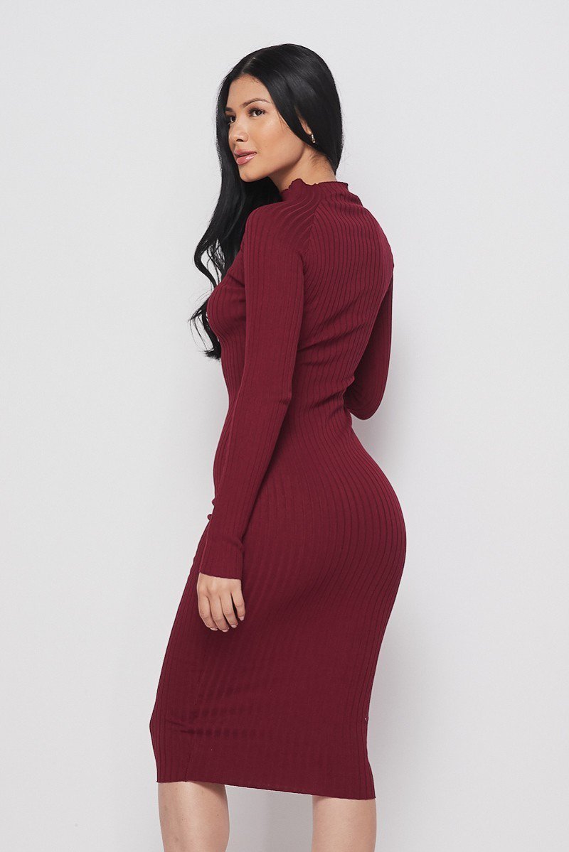 Red Long Sleeve Mock Neck Midi Knit Dress - steven wick