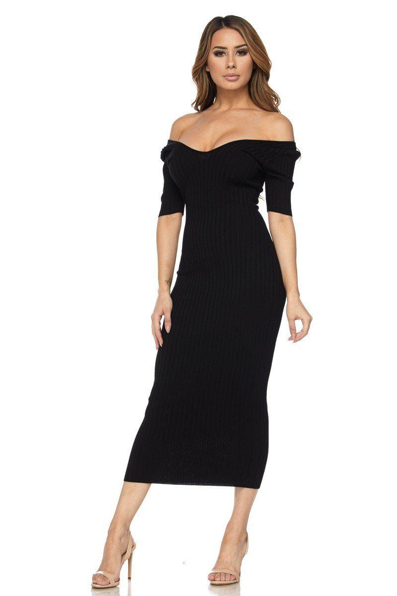Black Half Sleeve Off Shoulder Ribbed Midi Dress - steven wick