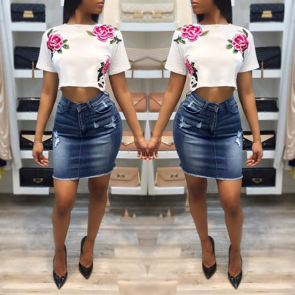 White Crop Top With Floral Embroidery - steven wick