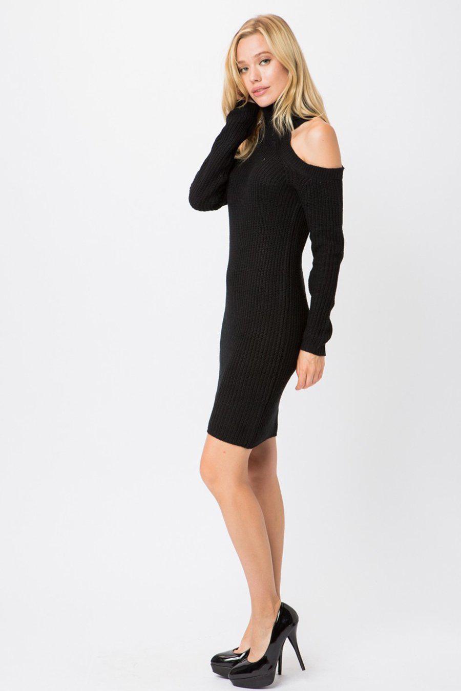 Black Ribbed Knit Turtleneck Long Sleeve Sweater Dress - steven wick