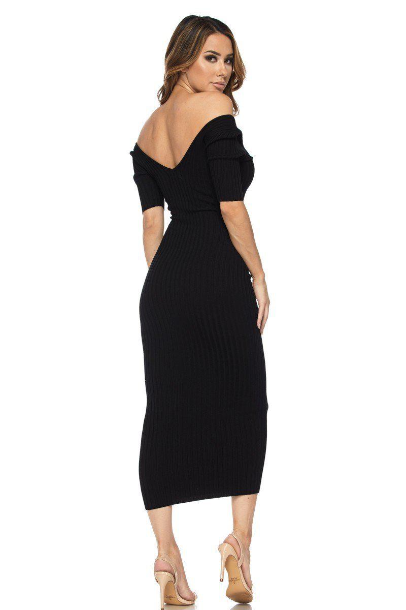Black Half Sleeve Off Shoulder Ribbed Midi Dress - steven wick