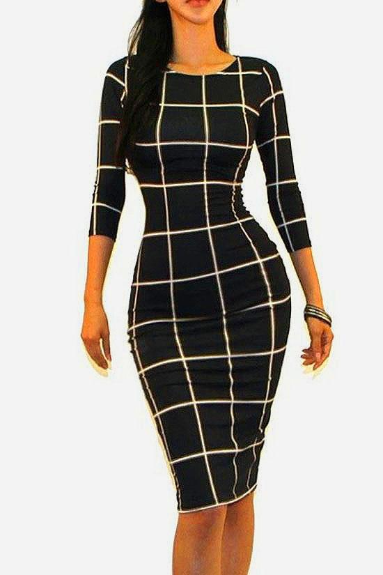 Lindsey Quarter Sleeve Plaid Bodycon Dress - steven wick