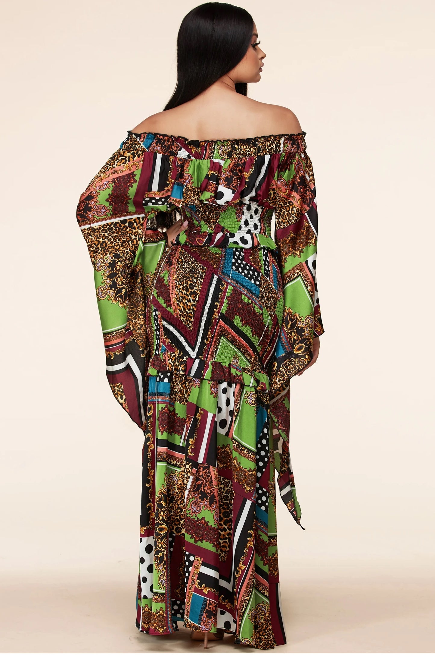 Mix Pattern Multi-Color Maxi Dress With Kimono Sleeves - steven wick