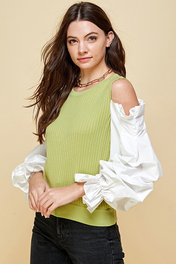 Ariana Green Knit Cold Shoulder Woven Puff Sleeve Top - steven wick