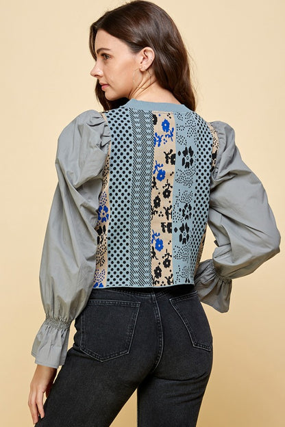 Patchwork Detailed Floral Woven Puff Sleeve Top - steven wick