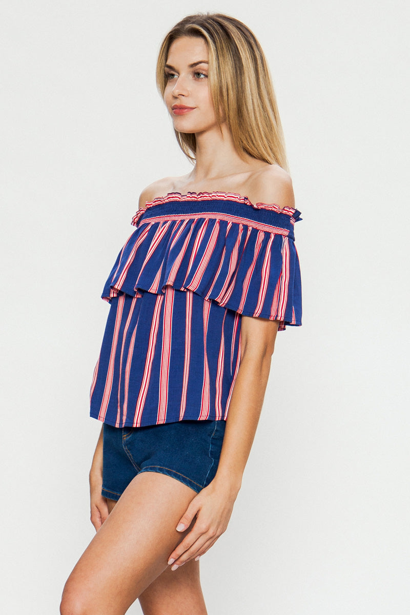 Multi-Color Off Shoulder Striped Top With Short Flutter Sleeves - steven wick