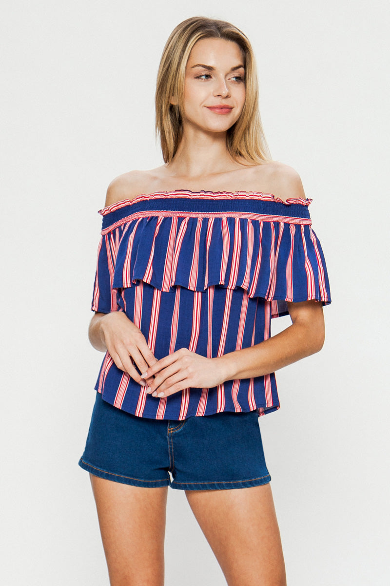 Multi-Color Off Shoulder Striped Top With Short Flutter Sleeves - steven wick
