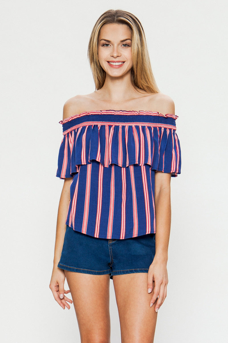 Multi-Color Off Shoulder Striped Top With Short Flutter Sleeves - steven wick