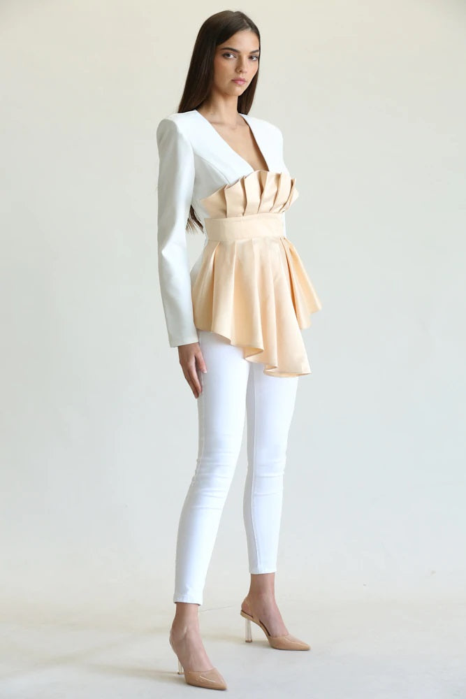 White Champagne Long Sleeve Pleated Satin Front Overley Top - steven wick