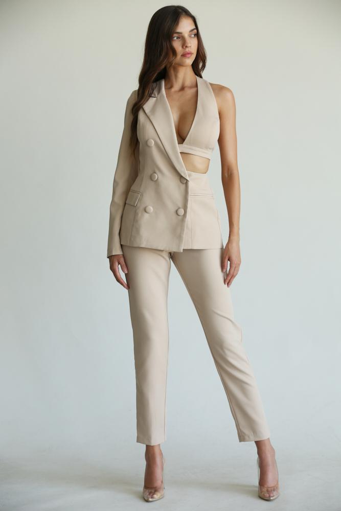 One Shoulder Nude Two Piece Pant Suit Set - steven wick