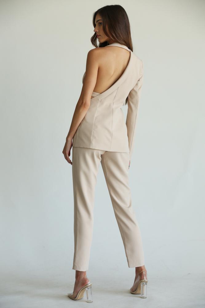 One Shoulder Nude Two Piece Pant Suit Set - steven wick