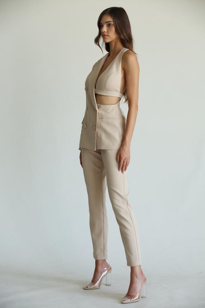 One Shoulder Nude Two Piece Pant Suit Set - steven wick
