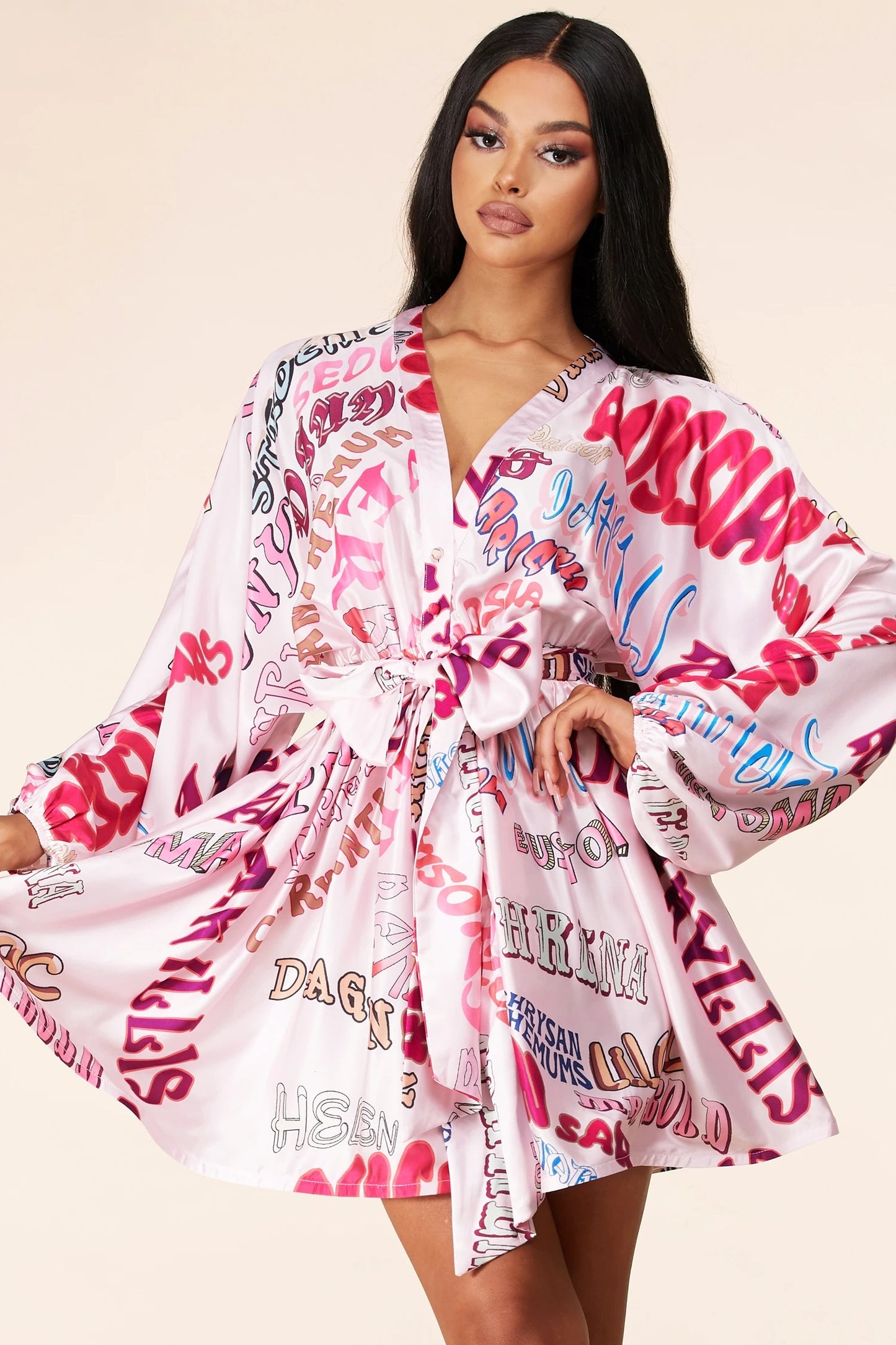 Pink Pop Long Sleeve Graphic Print Mini Dress - steven wick