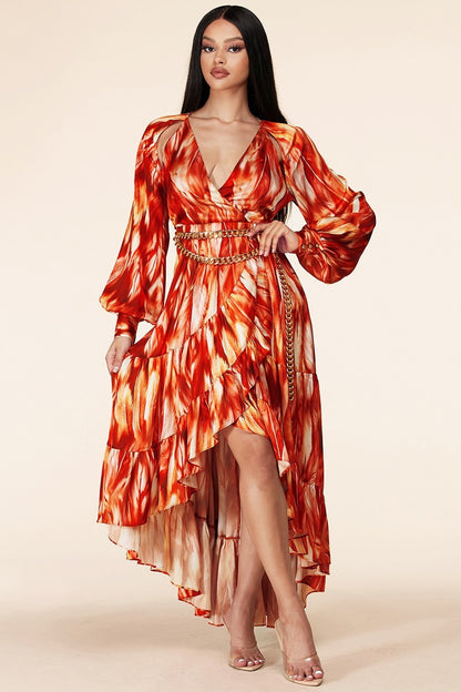 Fire Print Long Sleeve Maxi Dress - steven wick