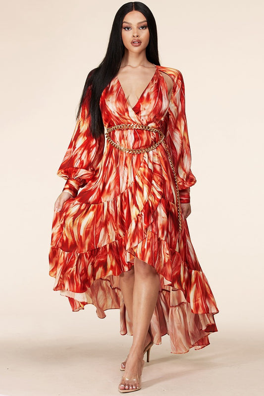 Fire Print Long Sleeve Maxi Dress - steven wick