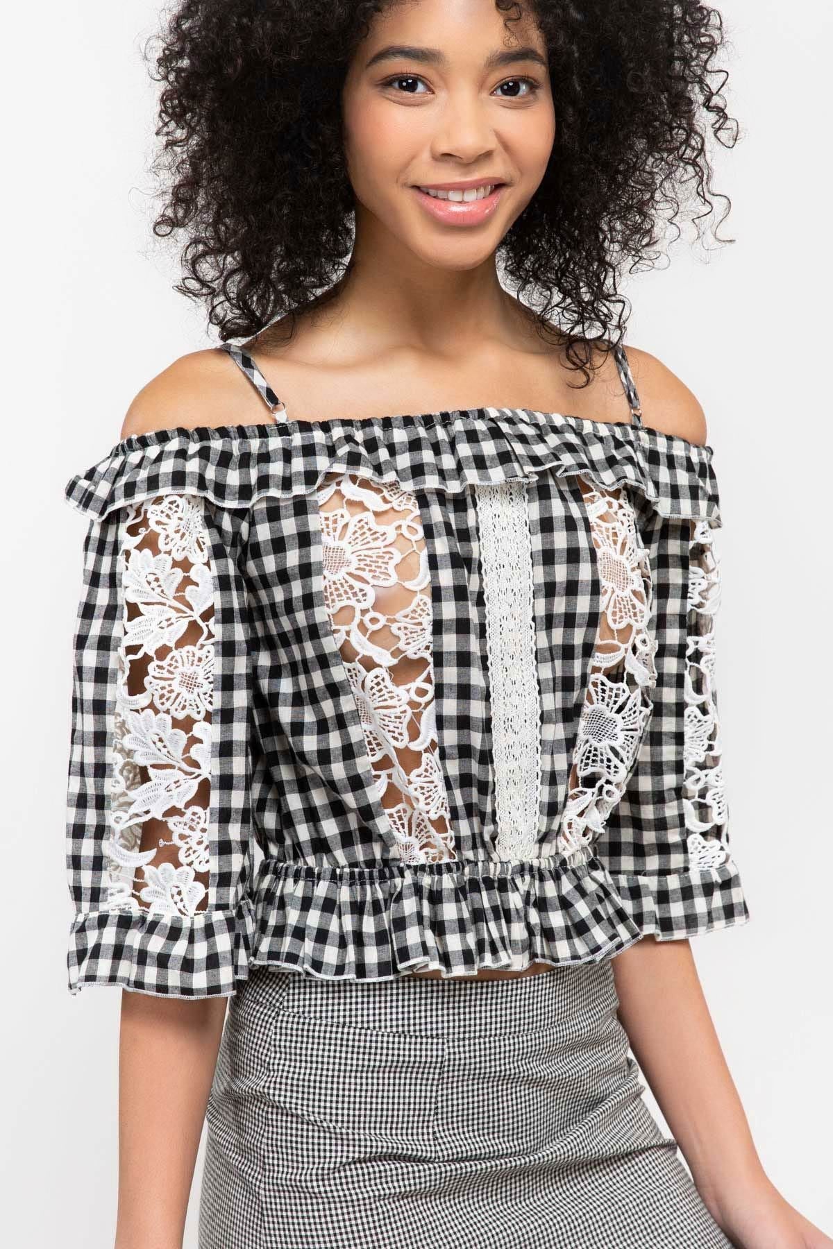 Gingham Crop Top With Crochet Lace Insets - steven wick