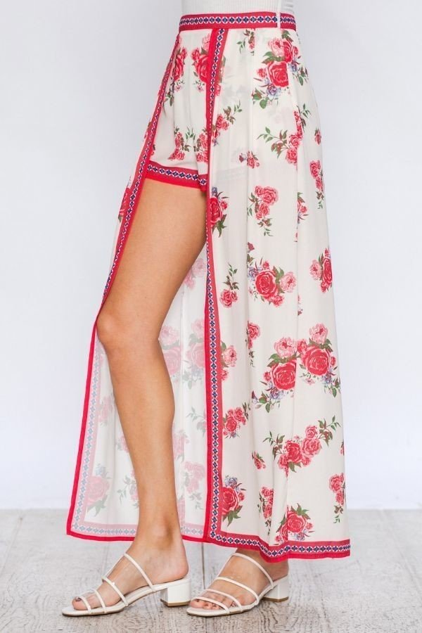 Ivory Floral Print High Low Skort - steven wick