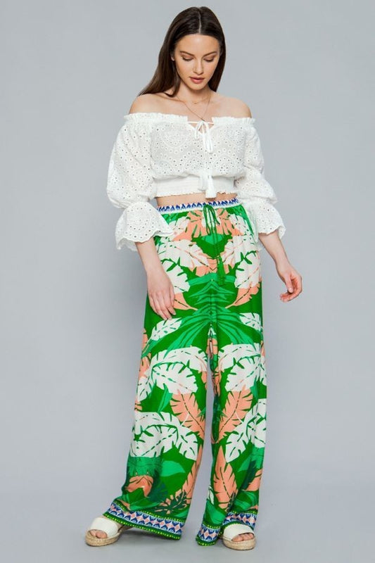 Green Leaf Print Surplice Kimono Wide Pant - steven wick