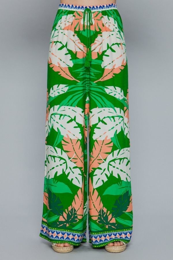 Green Leaf Print Surplice Kimono Wide Pant - steven wick