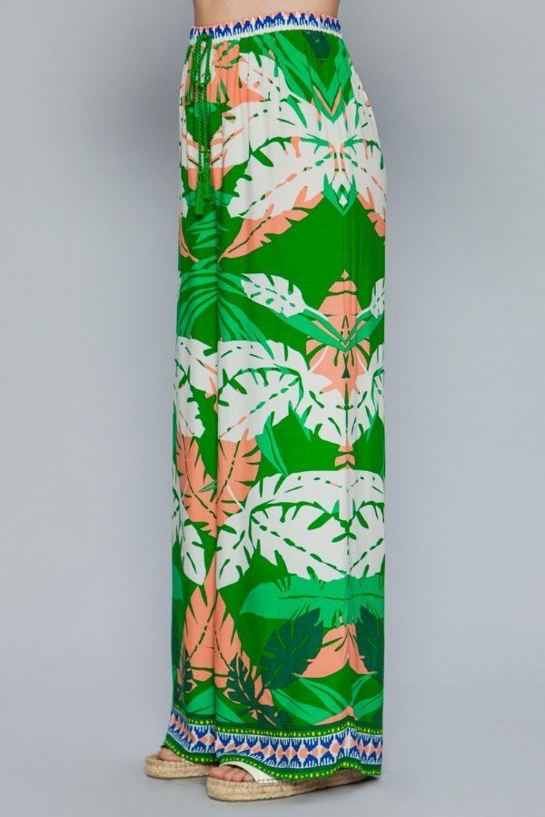 Green Leaf Print Surplice Kimono Wide Pant - steven wick