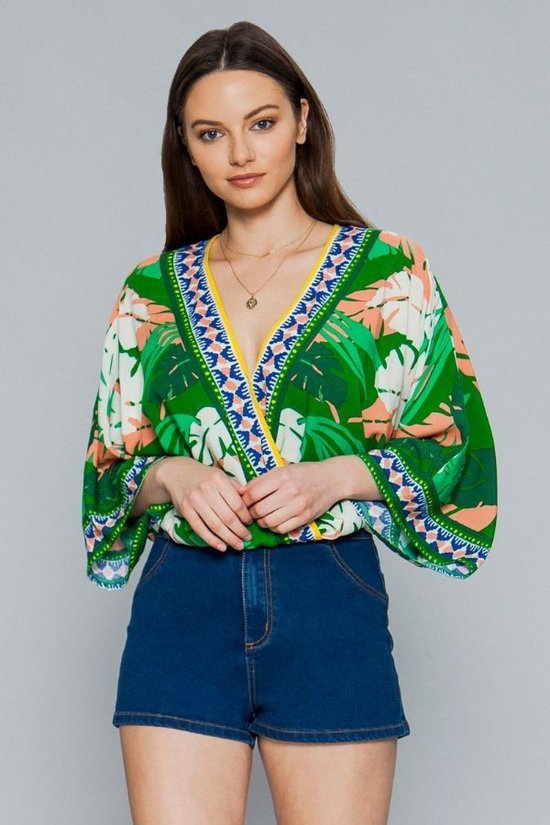 Green Leaf Print Surplice Kimono Top - steven wick