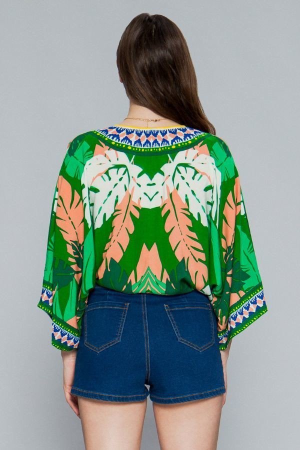 Green Leaf Print Surplice Kimono Top - steven wick