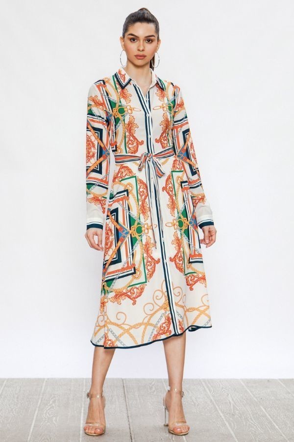 Madrid Off-White Midi Shirt Dress With Baroque Print - steven wick