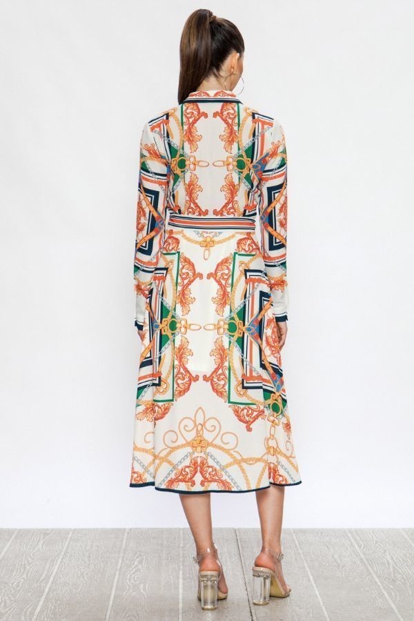 Madrid Off-White Midi Shirt Dress With Baroque Print - steven wick