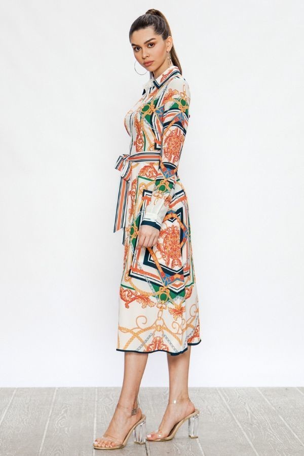 Madrid Off-White Midi Shirt Dress With Baroque Print - steven wick