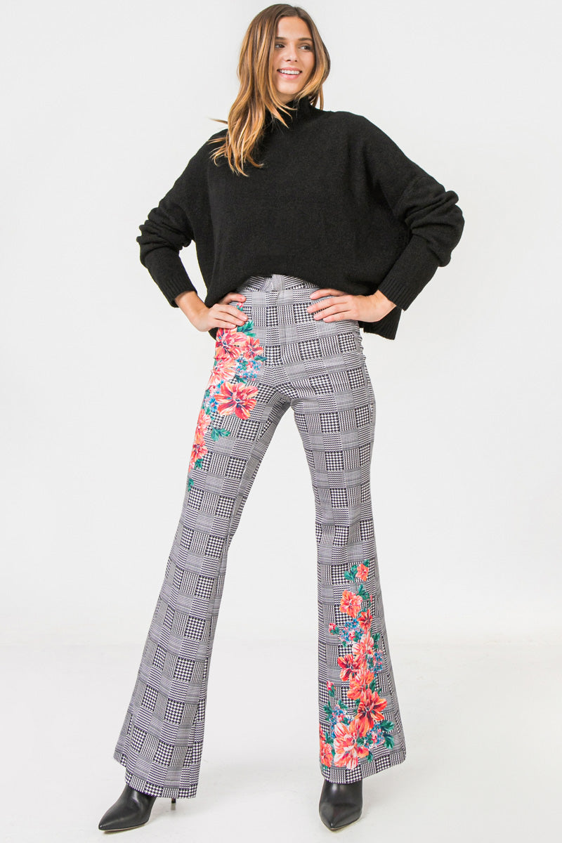 Ivory Flared Scuba Pants With Houndstooth and Floral Print - steven wick