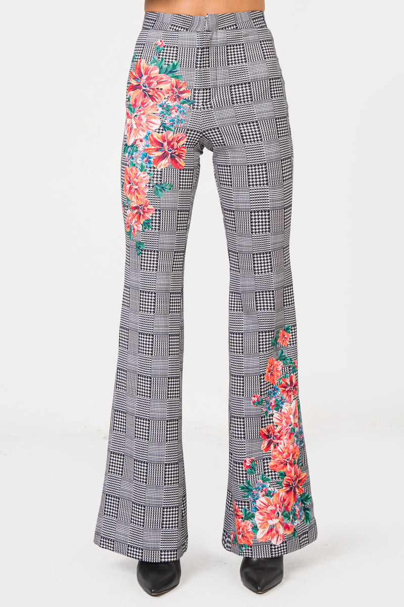 Ivory Flared Scuba Pants With Houndstooth and Floral Print - steven wick