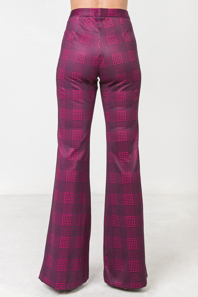 Magenta Flared Scuba Pants With Houndstooth and Floral Print - steven wick