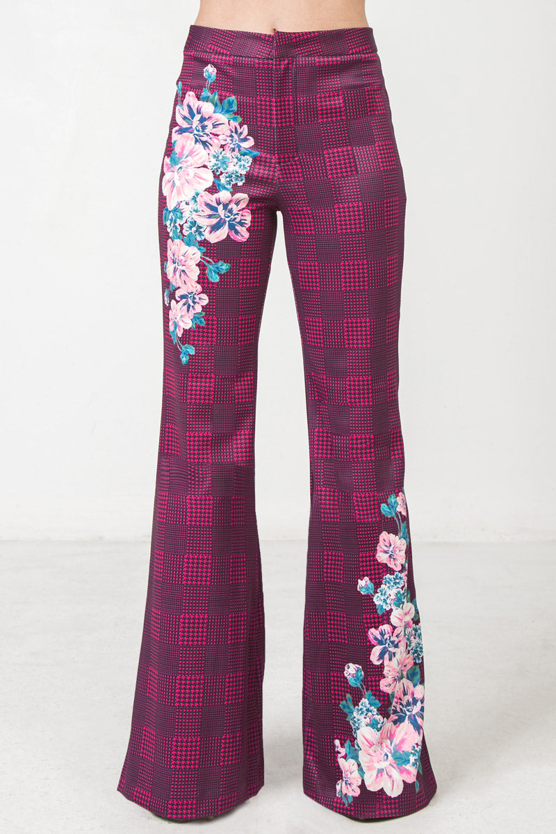Magenta Flared Scuba Pants With Houndstooth and Floral Print - steven wick