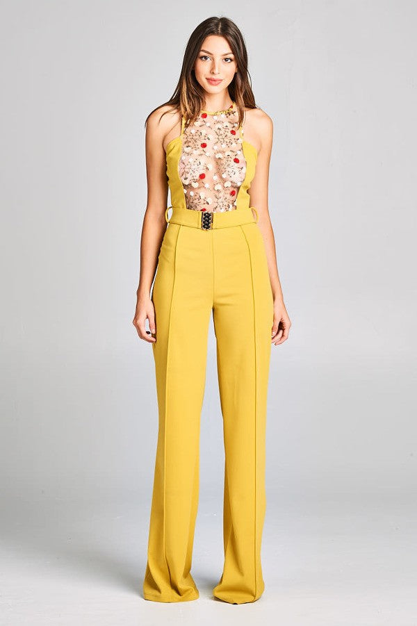Embroidered Lace Top Jumpsuit With Belt Detail - steven wick
