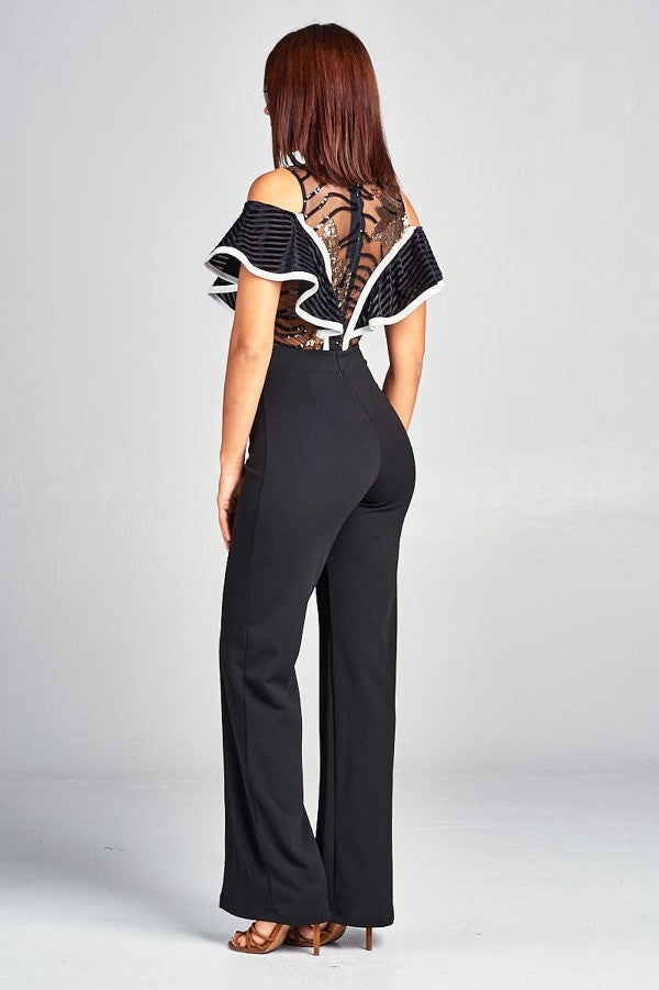 Black Cold Shoulder Jumpsuit With Lace And Gold Trim Detail - steven wick