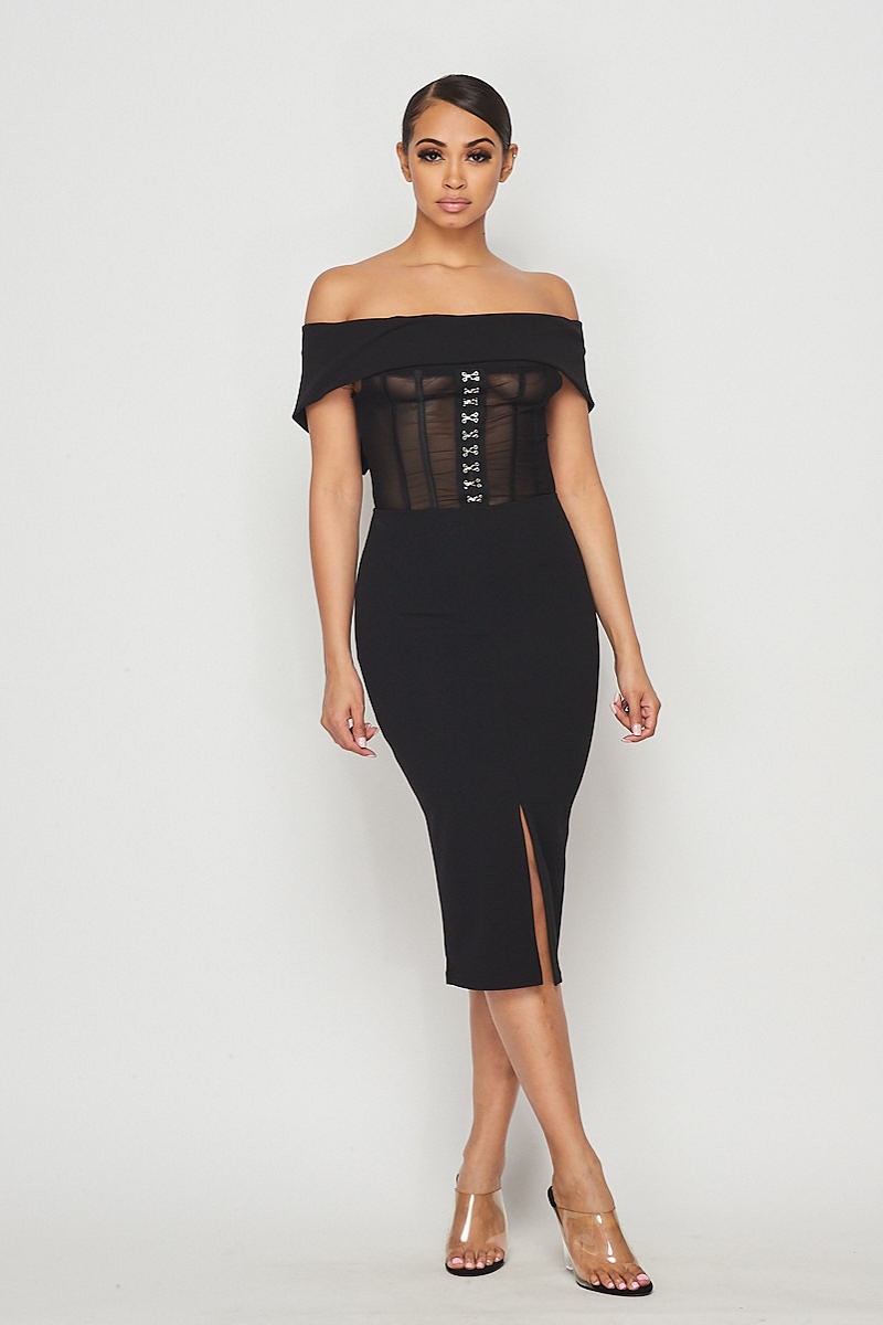 Black Mesh Hook & Eye Off Shoulder Bodycon Midi Dress - steven wick